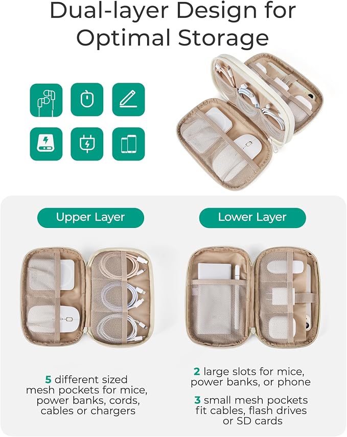 BAGSMART Electronics Organizer Travel Case for Cords Chargers Phones, Beige | Puffy Padded, Travel Essentials, Cord organizer bag for Cables, Compact Tech Accessories Pouch - Image 3