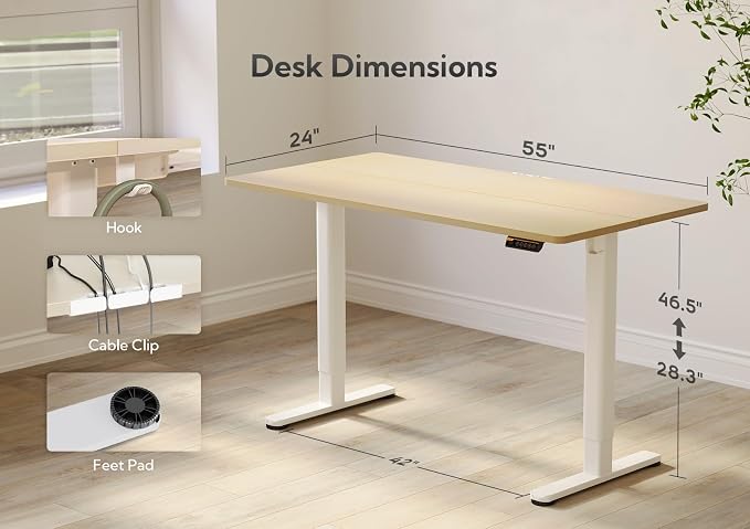Claiks Electric Height Adjustable Standing Desk, 55x24 Inch, Nature | Smooth Height Adjustment, 3 Memory Presets, Cable Management Hub&Hook, Stable Steel Frame, 176lbs Capacity, Easy Assembly - Image 3