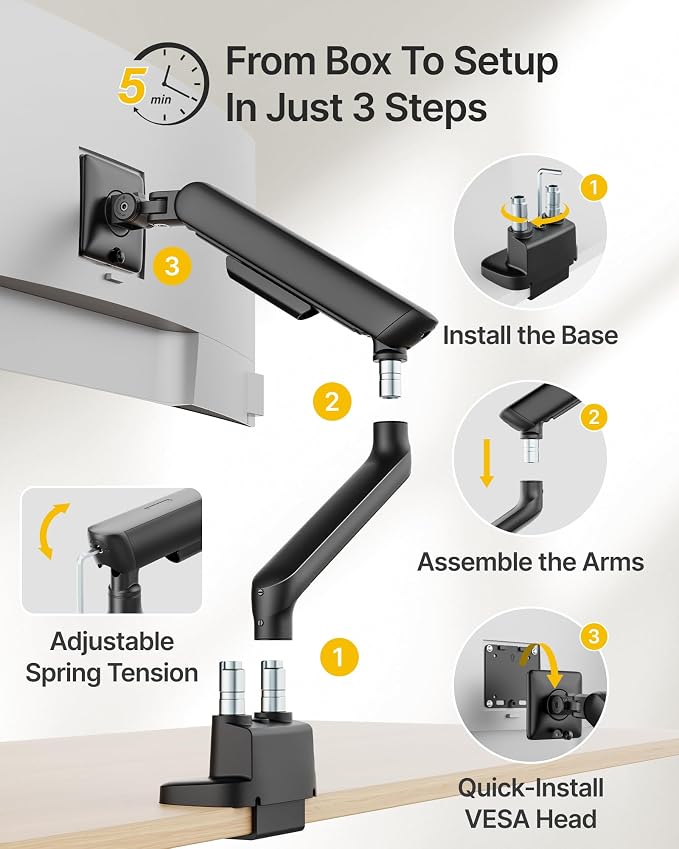monTEK Mechanical Spring Dual Monitor Arm with USB for 27 32 34inch Screens | Black, Built-in One-Way Bearing, Holds 26.4 lbs, VESA 75/100mm, C-Clamp/Grommet Base & Cable Management, Office, Home, Game - Image 7