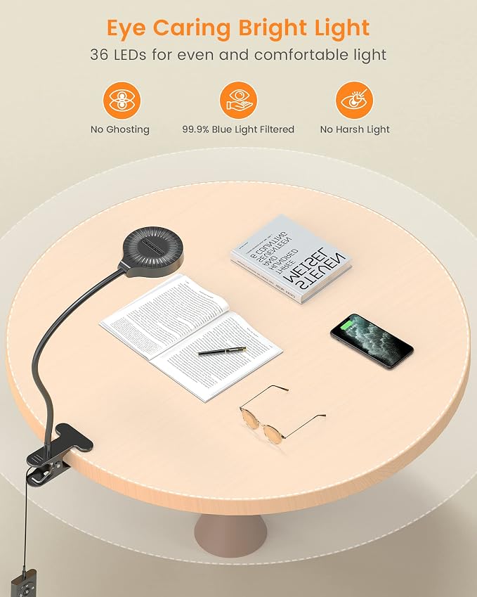 Glocusent 5W Clip on Light, 3 Colors & 5 Brightness Reading Light for Bed | Flexible Gooseneck Clip on Lamp, 30-Min Timer, Reading Lamp, Perfect Desk Lamp for Dorm,Bunk,Bed,Headboard,Table,Work,Craft - Image 2
