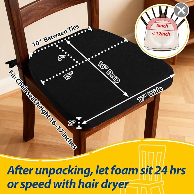 AAAAAcessories D-Shaped Chair Cushions, 2" Thick Dining Chair Pads with Ties and Removable, Machine-Washable Cover, 17" x 16", Set of 8, Black - Image 2