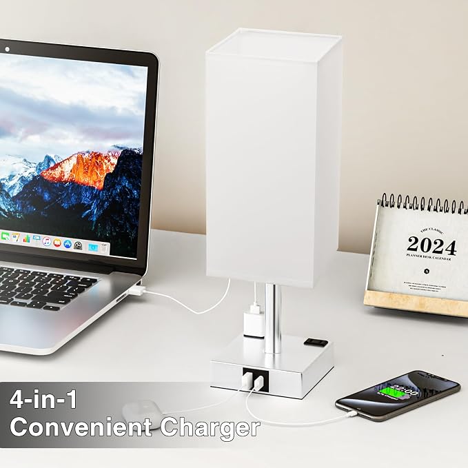 White Touch Table Lamp for Bedroom - Dimmable, USB C+A, 2 AC Outlets | 3-Way Dimming, 3000K Bulb Included, Square White Lampshade and Silver Base, Desk Lamp for Nightstand, Living Room, Dorm - Image 3