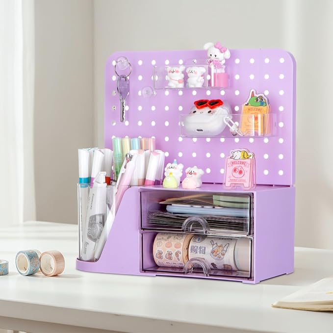 Comix Desk Organizer with 2 Drawer, Purple 360 Rotating Pen Holder for Desk | Desk Organizers and Accessories with 5 Slots Pencil Holder+Pegboard+Drawer, Pen Organizer for Home School Art Office Supplies - Image 5
