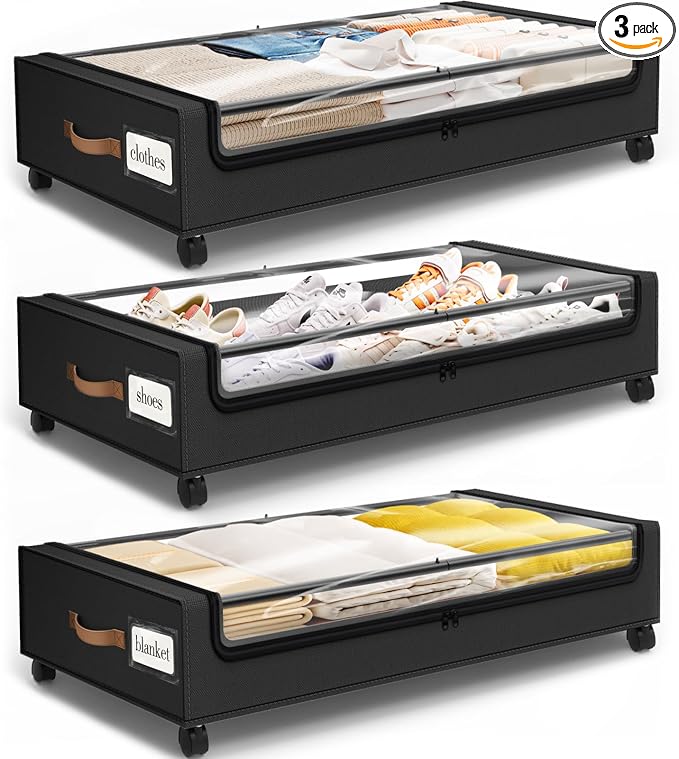 Under Bed Storage with Wheels 3Pack Storage Containers with Clear Window | Under Bed Drawers Rolling Under Bed Storage for Clothes,Shoes, Blankets (30.71 x 16.93 x 6.69 in, Black) by SpaceHacks