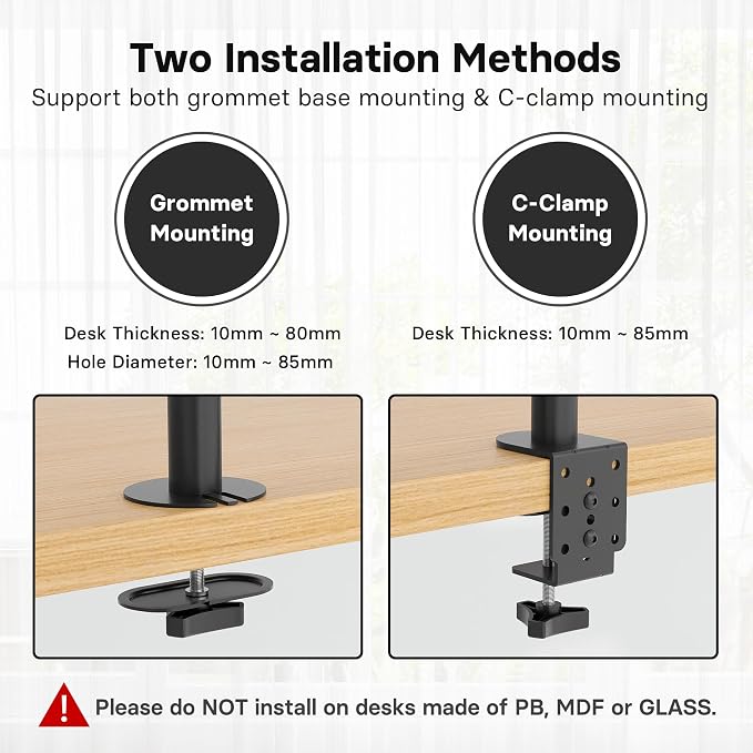 BONTEC Triple Monitor Desk Mount, Supports 13-32 Inch, VESA 75x75/100x100mm | Full Motion Adjustability, Up to 22lbs per Arm, C Clamp and Grommet Mounting Options, Cable Management - Image 8