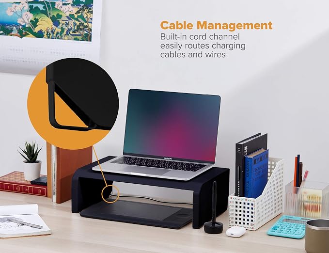 Bostitch Office Konnect Adjustable Monitor Stand Riser, 4 Height Adjustments, Built-In Cable Management, Rubber Feet - Black - Image 6