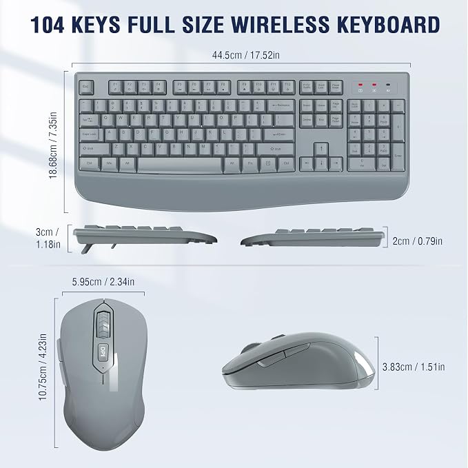 Wireless Keyboard and Mouse Combo, EDJO 2.4G Full-Sized Ergonomic Computer Keyboard with Wrist Rest and 3 Level DPI Adjustable Wireless Mouse for Windows, Mac OS Desktop/Laptop/PC(Grey) - Image 6
