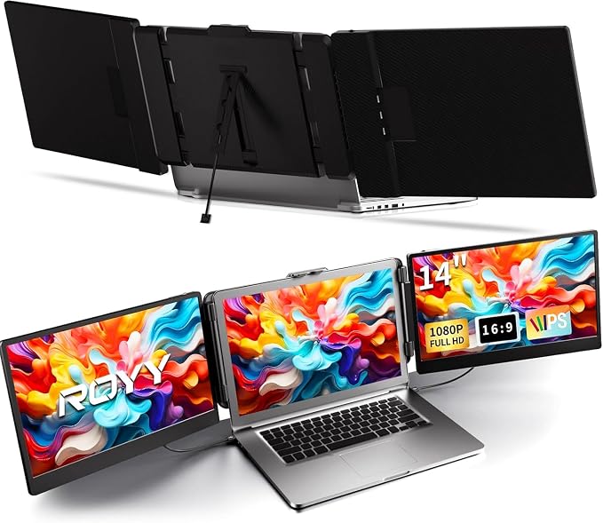 ROYY Laptop Screen Extender, 14" Triple 1080P FHD IPS Portable Monitor | One cable plug & play, Fits 13-17.3" laptops, Multi screen compatible with Windows/Mac/Android/Switch/PS by ROYY