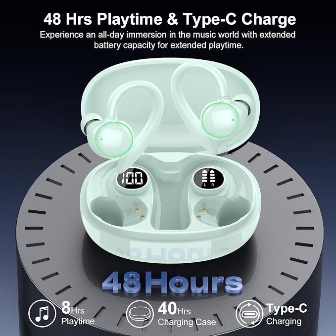 Wireless Earbuds, Bluetooth 5.4 Headphones Sport Over Ear Buds With ENC Mic | ENC Noise Cancelling Mic,48H, Wireless Earphone With Earhooks, Stereo Deep Bass,IP7 Waterproof for Workout Running,Light Blue - Image 4