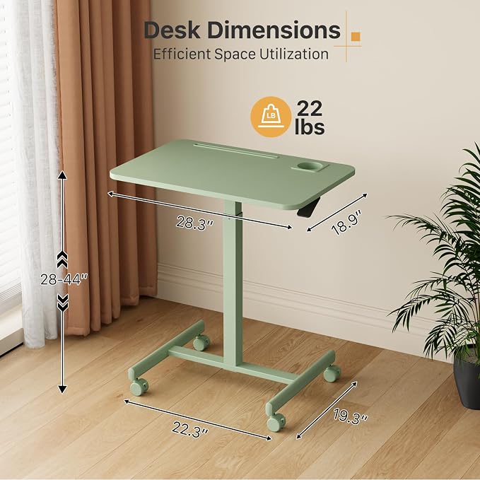 28” Rolling Standing Desk Height Adjustable with 4 Lockable Wheels | Small Mobile Laptop Stand Up Cart with Cup Holder, Portable Teacher Computer Workstation with Hook and Slots, Green - Image 2