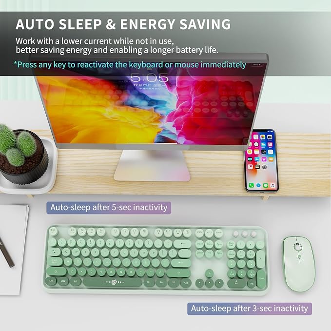 Wireless Keyboard and Mouse Combo - 2.4G Full-Sized Cute Colorful Mouse and Keyboard with 104 Round Keys Retro Typewriter Keyboard for Laptop/Windows/PC - Green Gradient - Image 5