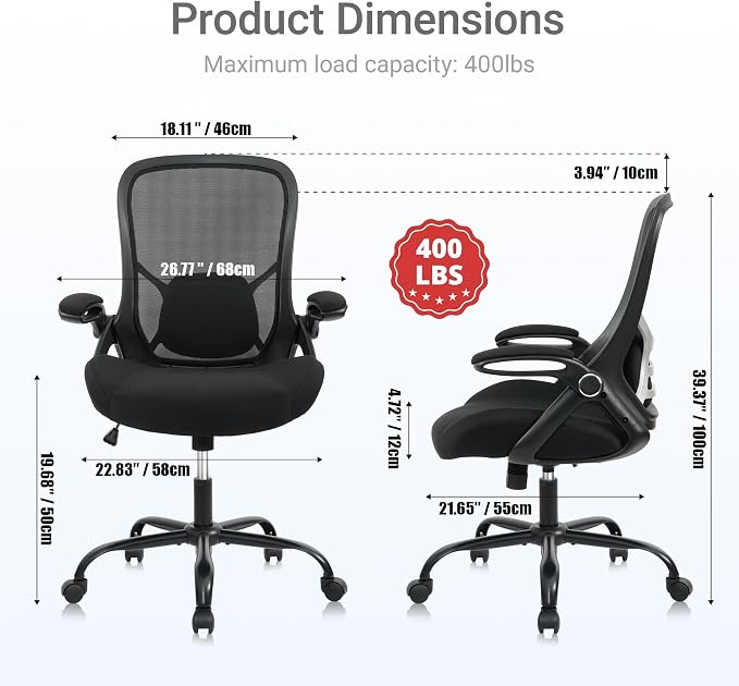 400lbs Heavy Duty Office Chair, 5" Thickened Seat Ergonomic Desk Chair with Adjustable Armrests, Home Office Computer Chairs for Long Hours Mesh Executive Chair(Black) - Image 3