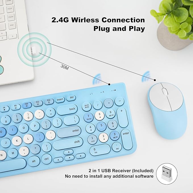 Wireless Keyboard and Mouse Combo, Retro Typewriter Keyboard with Round Keycaps, 2.4GHz USB Cute Wireless Keyboard Mouse for Computer, Desktop, Laptop (Blue Colorful) - Image 2
