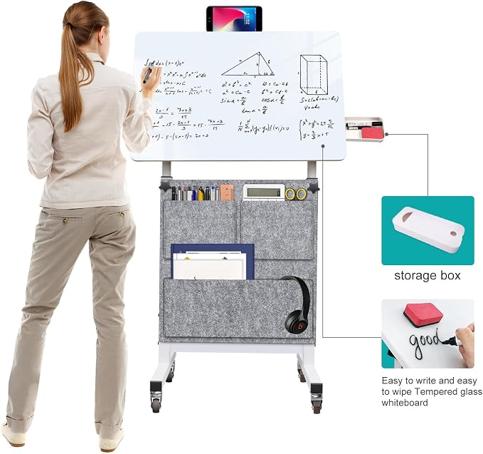 KOUPA 24 Inch Adjustable Height Flip Writable Standing Desk with Wheels,Bag | Writable Erasable Tempered Glass Desktop Mobile Desk With Eraser, for Home Office, Small Spaces, White, Height 32inch-47 inch - Image 6