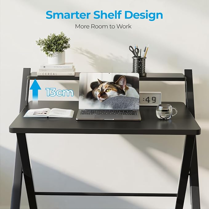 GreenForest Folding Desk No Assembly, Sturdy Computer Desk for Small Spaces | Portable Foldable Table for Laptop, 2-Tier Compact with Shelf, Space Saving for Home Office, Dorm, Apartment 24.5"x 30" Black - Image 5