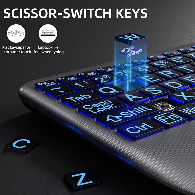 Hamile Large Print Wireless Backlit Keyboard for Windows, Gray | Rechargeable keyboard with quiet low-profile keys, 7-color backlight memory, full-size layout, and extra-large wrist rest - Image 5