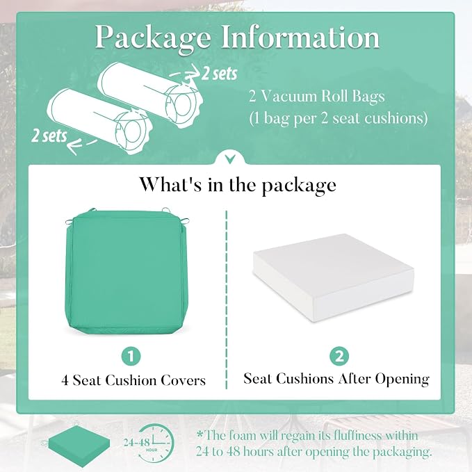 Basic Beyond Outdoor Chair Cushions for Patio Furniture, Waterproof Outdoor Seat Cushions Set of 4 19 x 19, Patio Chair Cushions Set of 4 with Ties and Handle, Turquoise - Image 7