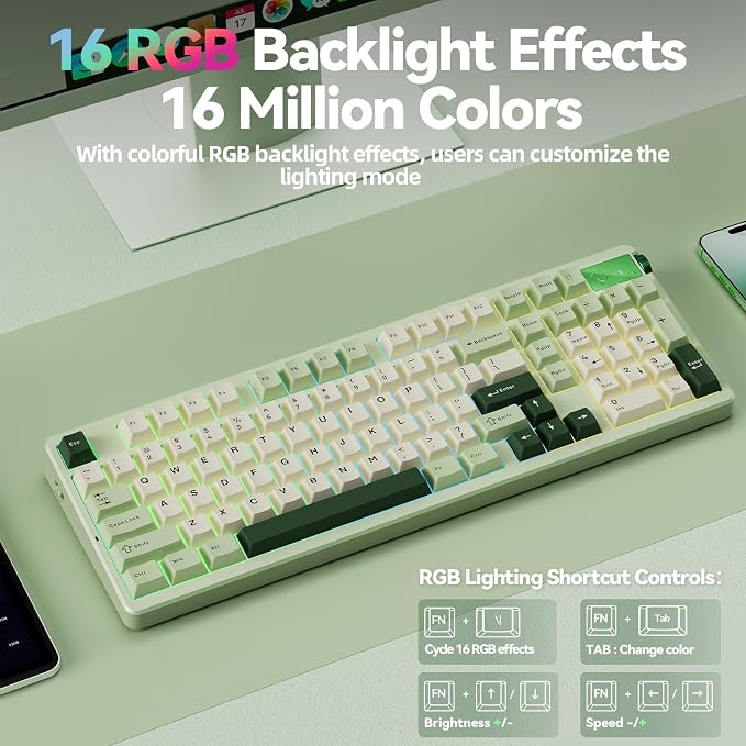 CORBOBO LEOBOG A98-96% Mechanical Keyboard Wireless, Tri-Mode BT5.0/2.4GHz/USB-C, Creamy Keyboard with Number Pad, Gasket Structure Hot Swappable, RGB Backlit Green Gaming Keyboards with Knob for PC - Image 7