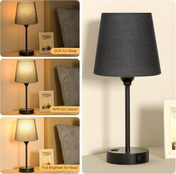 Black Bedside Lamps Set 2 for Bedroom - Dimmable Touch, USB C+A, AC Outlet | 14.5" Mini Lamp, 3-Way Dimmable, LED Bulbs Included, Black Barrel Fabric Lampshade, Nightstand Light for Guest Room, Kids - Image 4