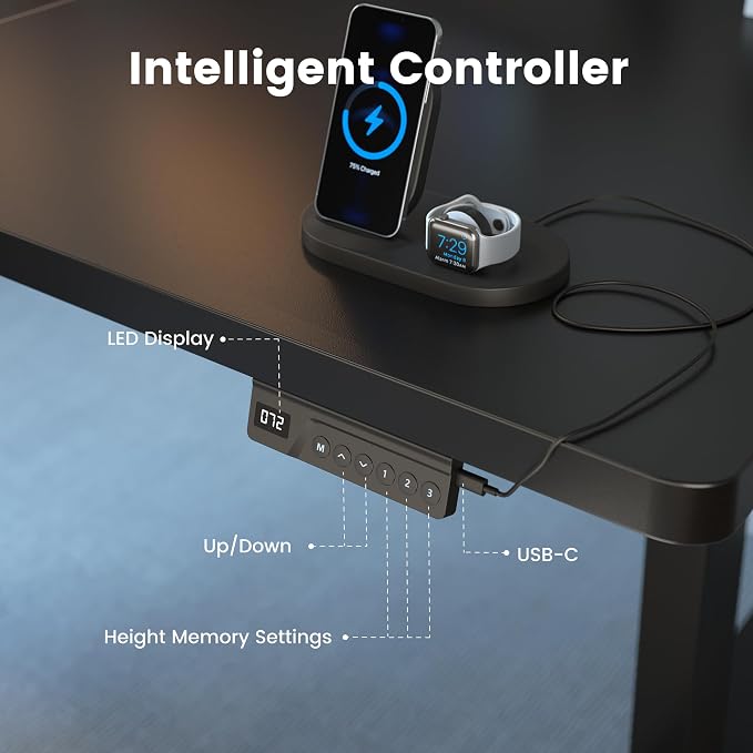 FEZIBO Standing Desk 71 × 37 Inch Electric Height Adjustable, Black | 1" Thick Large Adjustable Desk with Integrated Dual-Beam, Cable Management, Computer Desk for Home Office Workstation - Image 9