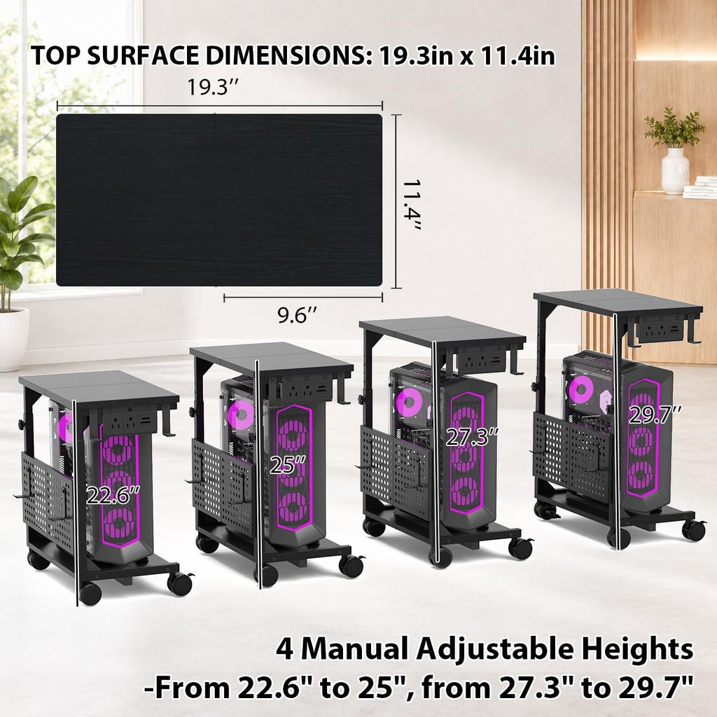 Adjustable Computer Tower Stand with Charging Station & Pegboard,Black - Image 4