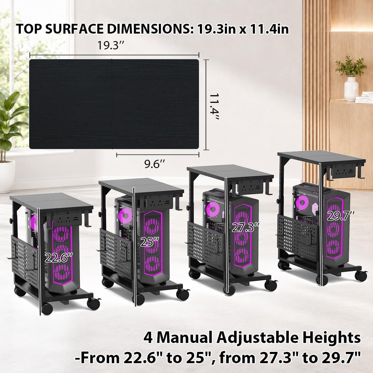 Adjustable Computer Tower Stand with Charging Station & Pegboard,Black - Image 4