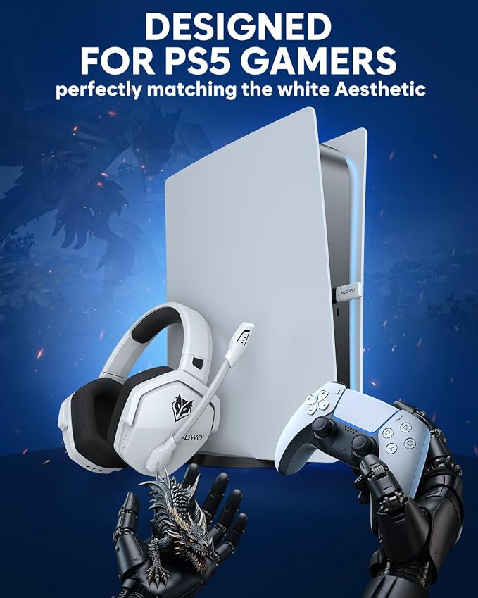 NUBWO Wireless Gaming Headset with Mic for Ps5 Ps4 PC, Zero Interference, 100-Hour Battery All-Day Play, 23ms Sync​ for Fortnite & Call of Duty/FPS Gamers, Triple Mode All Devices Compatible - White - Image 2