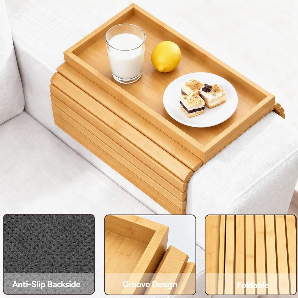 Bamboo Couch Arm Tray, Foldable Sofa Tray Table for Couch, Anti-Falling Sofa Cup Holder, Portable Sofa Arm Chair Table for Drink,Cups, Eats，Snacks, Phone, Remote, Natural - Image 3