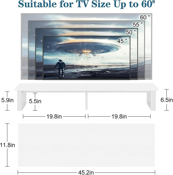 aboxoo 45" TV Riser for 32-60 inch TV, TV Shelf with Steel Legs | White TV Riser Stand with Storage, Tabletop TV Riser for Home Living Room, Study Office, Fit TV, Monitor, Laptop - Image 2