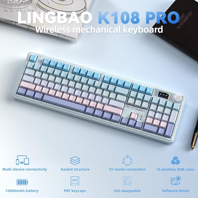LINGBAO K108 Pro Wireless Mechanical Creamy Keyboard with Number Pad & Knob | Full Size Mechanical Keyboard with 10000mAh Battery, PBT Keycaps, Gasket Mount, RGB Backlit Hot-swap Custom Keyboard for PC - Image 2