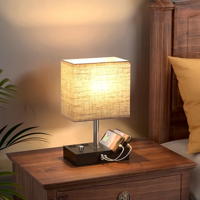 Beige Table Lamp for Bedroom - Stepless Dimmable, USB C+A, 2 AC Outlets | Dimming By Rotary Knob, USB C+A Ports, 2 Phone Stands, LED Bulbs Included, Rectangle Beige Lampshade, for Living Room, Desk - Image 7