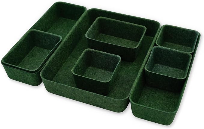 Desk drawer organizer bins shallow trays felt storage desktop box for jewelry watches office supplies makeup small key holder minimalism 8-piece (Forest Green) by Welaxy