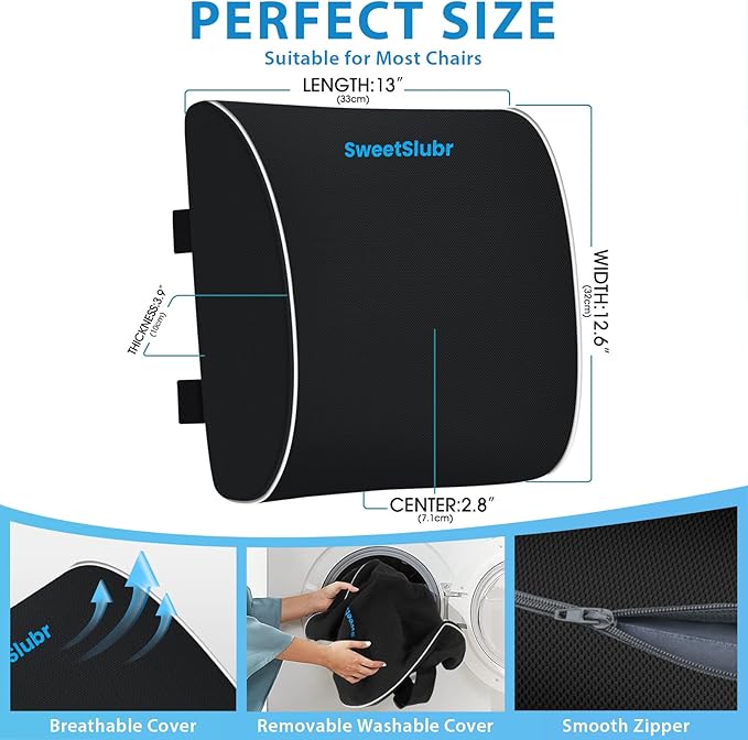 SweetSlubr Lumbar Support Pillow for Office Chair,Back Support(Black,Large) | 3.9" Thick, Memory Foam, Adjustable Straps, Machine Washable Mesh Cover, Lower Back Pain Relief for Office, Car & Gaming - Image 3