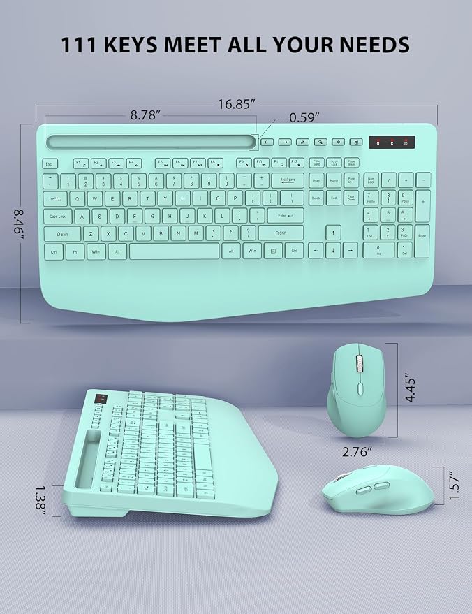 Wireless Keyboard and Mouse Combo - Full-Sized Ergonomic Keyboard with Wrist Rest, Phone Holder, Sleep Mode, Silent 2.4GHz Cordless Keyboard Mouse Combo for Computer, Laptop, PC, Mac, Windows (Green) - Image 9
