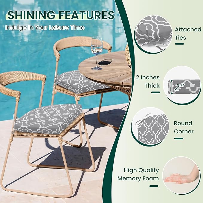 HARBOREST Outdoor Chair Cushions Set of 4, Water Resistant Patio Chair Cushions with Ties, Outdoor Seat Cushions for Patio Furniture, 17"x16"x2", Grey Geometry - Image 3