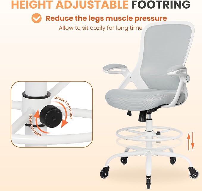 Drafting Chair Tall Office, Ergonomic Standing Desk Stool Adjustable Drafting Chair Big Tall Drafting Office Chair White - Image 7