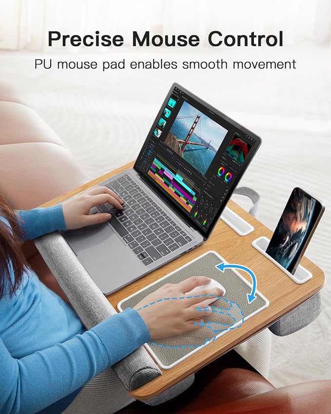 HUANUO Lap Desk - Fits up to 17 inches Laptop Desk, Built in Mouse Pad & Wrist Pad for Notebook, Laptop, Tablet, Lap Stand with Tablet, Pen & Phone Holder, Wood Grain - Image 4