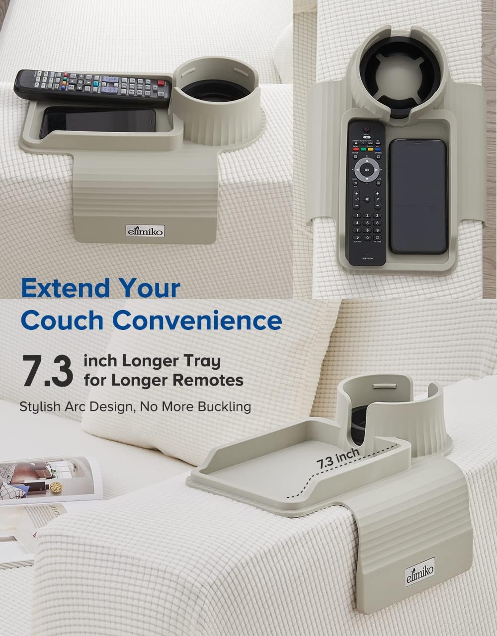Couch Cup Holder Tray, Elimiko Silicone Sofa Drink Holder with Large Cup Holder and Tray, for Oversized Mugs/Long Remote/Snacks/Cellphone (Griege) - Image 4