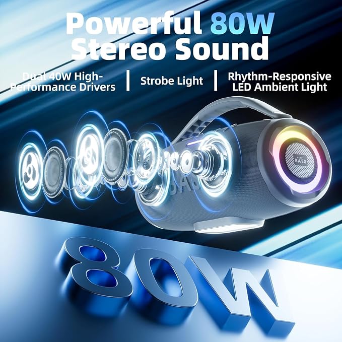 HEAVY BASS Speakers Bluetooth Wireless, 80W Max Loud Portable Speaker with Bass, 20H Playtime, IPX6 Waterproof, Dual Pairing, Perfect for Outdoor Camping,Beach - Image 2