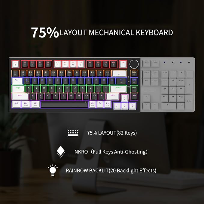 Newmen GM326 Mechanical Keyboard,75% Percent Gaming Keyboard,Wired Keyboard | Mechanical Keyboard,75% Percent Gaming Keyboard,Wired,Backlit,Hot Swappable,Compact,White/Black,PC Keyboards,Knob,Red Switch - Image 5