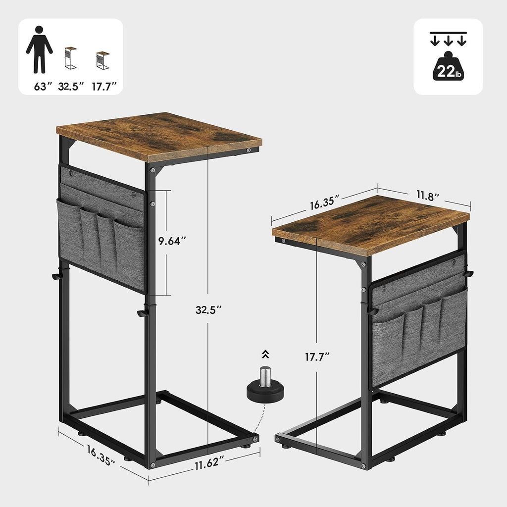 C Shaped End Table, Small Side Table for Couch, Adjustable Height Sofa Table with Metal Frame for Living Room, 33'' Tall Side Table for Couch, Bedroom, Bedside, Rustic Brown and Black - Image 2