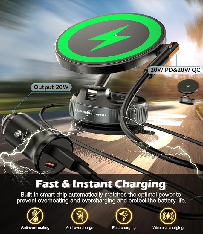 CloudValley 15W Fast Wireless Charger Car Phone Mount Charger with Type-C Fast Car Charger, Vacuum Suction Cup Magnetic Phone Holder Design for MagSafe iPhone 17 Pro Max 16-12 Series,Pixel 10 Pro XL - Image 2