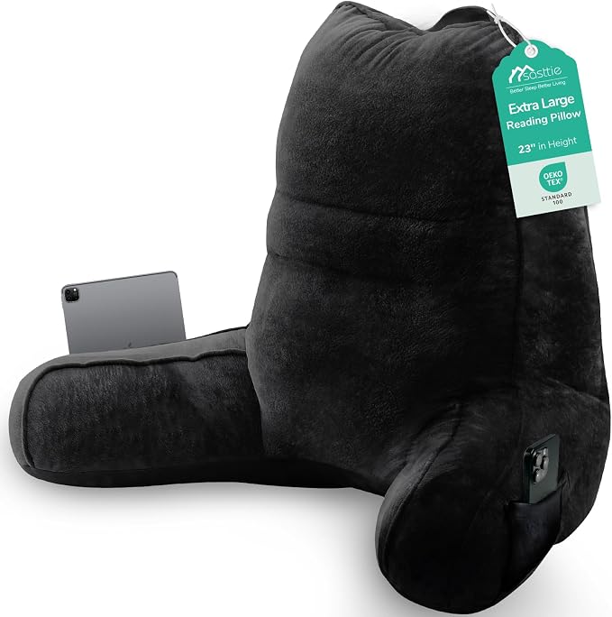 Sasttie Reading Pillow for Bed, Back Pillow for Sitting Up, Black | 23" Backrest Support Cushion for Couch, Sofa, and Floor, Dorm Essentials, OEKO-TEX, Adjustable Down Alternative Fill by SASTTIE