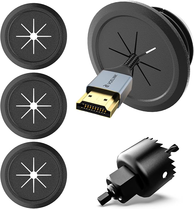 VCELINK 2.36" Mini Cable Management Grommets, Black, 4-Pack | 2.36" Mini White Cable Management Kit | Push Type | Hides TV Wires | 4-Pack Grommets & 1 Hole Saw Drill Bit by VCELINK