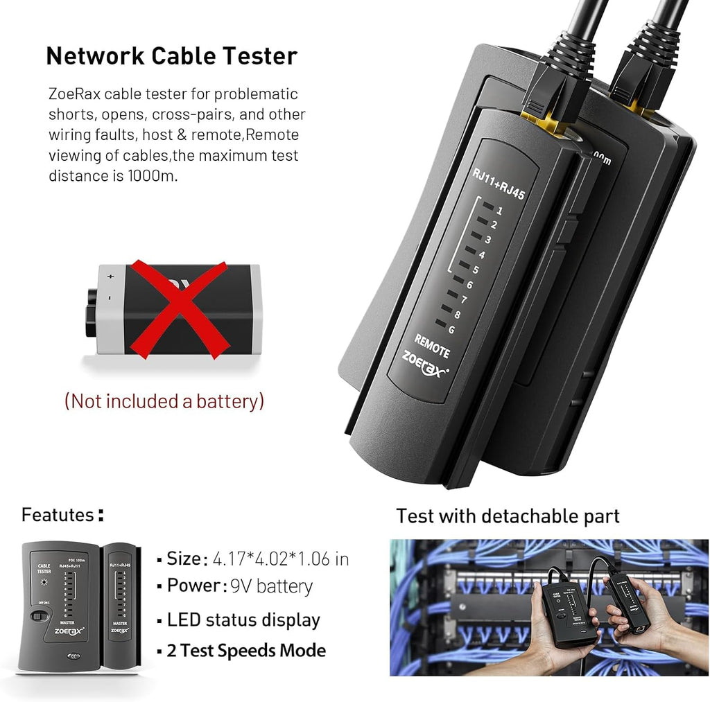 Ethernet Crimping Tool Kit RJ45 Crimp Tools,CAT5 Cat5e Cat6 RJ45 Crimping Tool Kit With Cable Tester, Multiply Stripper, Blades,50Pcs Cat 6 Pass Through Connectors and Strain Relief Boots - Image 4