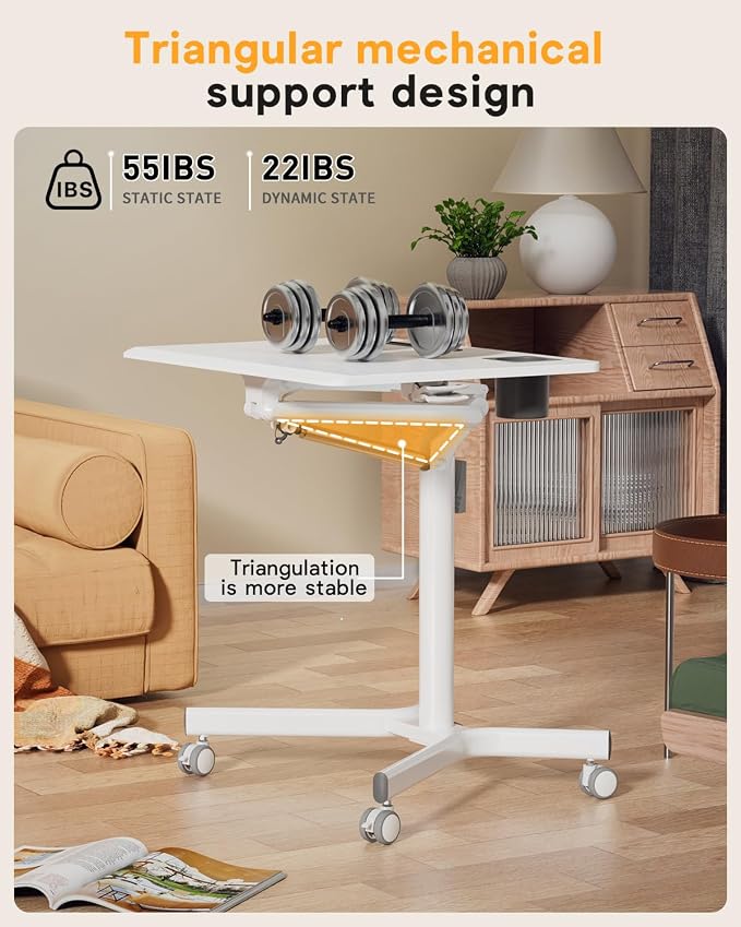 JOY worker Mobile Standing Desk, 28" White Rolling Laptop Desk with Wheels | Small Portable Sit-Stand Workstation Height Adjustable, Slim Ergonomic Teacher Stand Up Desk with Cup Holder for Home Office - Image 6