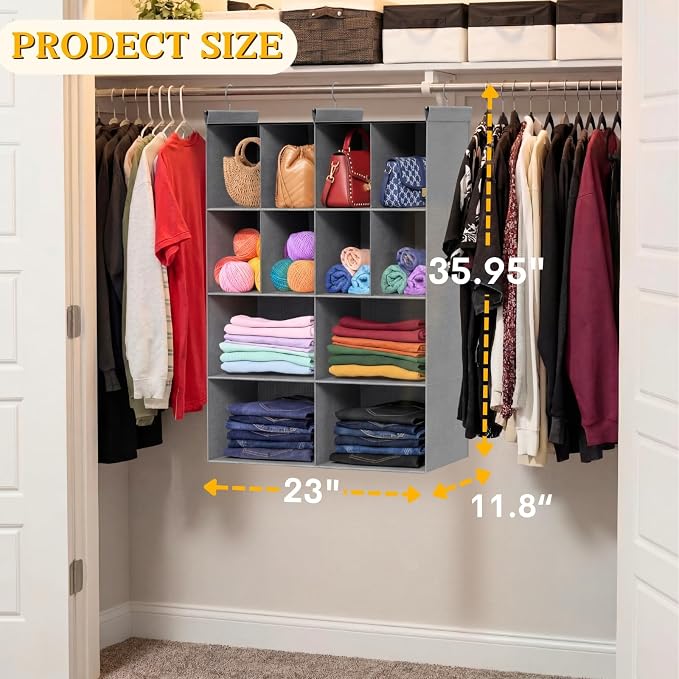 4 Tier Hanging Closet Organizer, 12 Compartments Dual Row Storage, Grey | Closet Organizers and Storage with Large & Small Cubbies, 3 Sturdy Hooks Support Heavy Loads, for Dorm, RV, Garment Rack - Image 5