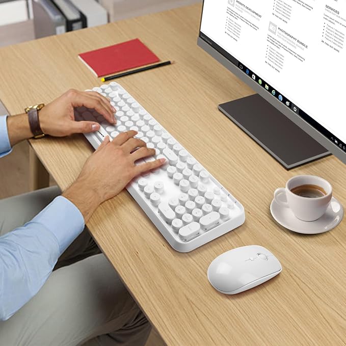 Wireless Keyboard and Mouse Combo - 2.4G Full-Sized White Keyboard with Round Keycaps 104 Keys Typewriter Keyboard for Laptop/Windows/PC - White - Image 7