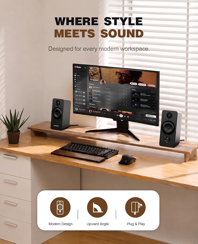 Bluedee PC Speakers for Desktop, Computer Speakers with Dedicated Tweeters | Crisp Highs, USB-A/C, AUX & Bluetooth 6.0 for Laptop & Monitor, Clean 384kHz/32-Bit USB Audio, Headphone Jack & Knob Control - Image 3
