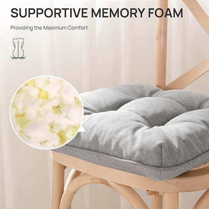 Love's cabin Memory Foam Chair Cushions Set of 4, 15.5 Inch, Light Grey | 15.5"x15.5"x3.5", Indoor & Outdoor Chair Seat Pads with Non-slip Bottom and Ties, for Dining, Kitchen, Office and Patio Chair - Image 3